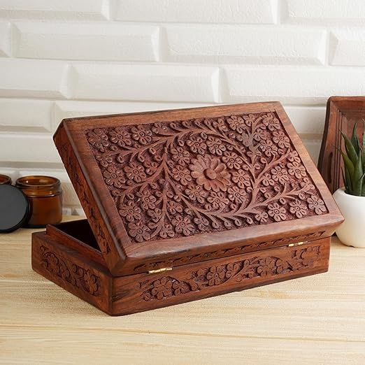 Ajuny Wooden Handcarved Decorative Jewelry Storage Box