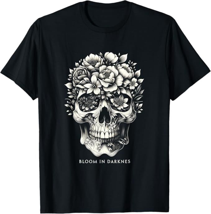 Floral Skull Bloom in Darkness  Goth T-Shirt XL