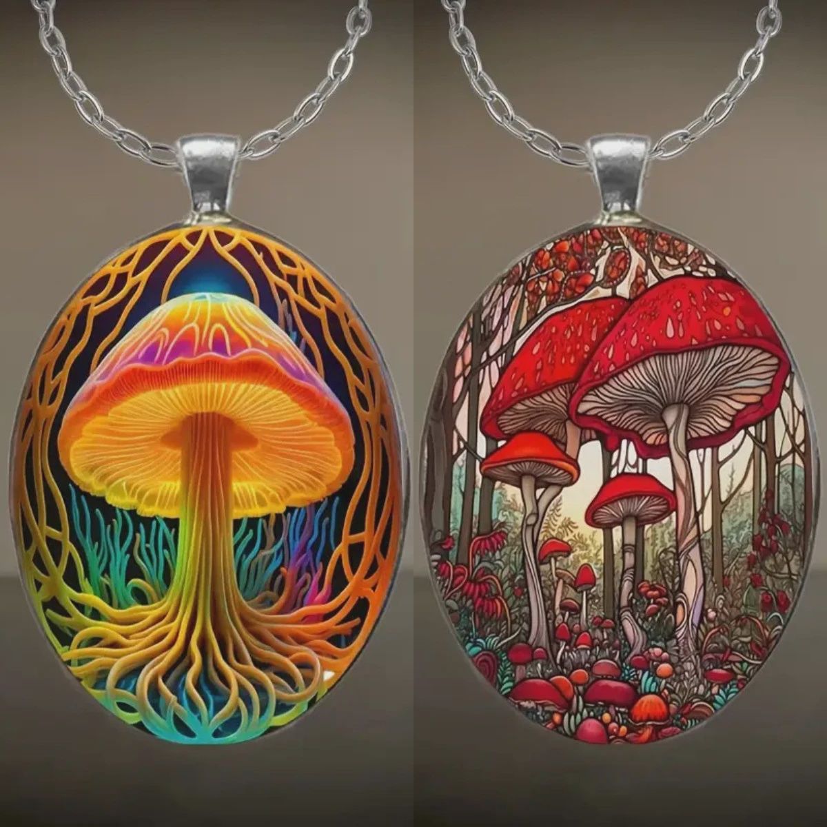 Mushroom Pattern Glass Pendant Necklaces