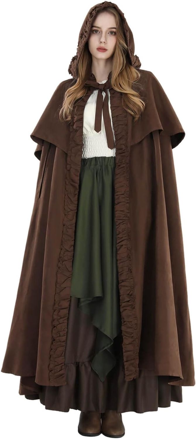 Renaissance Women&#39;s Armhole Cloak with Hood, Colour: Brown, Size: Small
