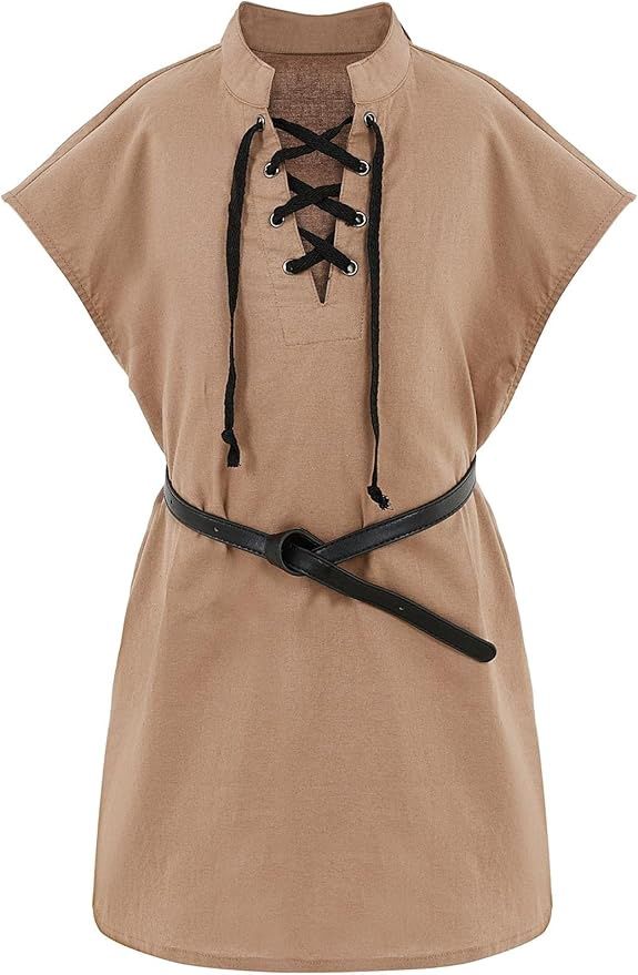 Kids Renaissance Pirate T Shirt Sleeveless Lace Up, Colour: Brown, Size: 10-12