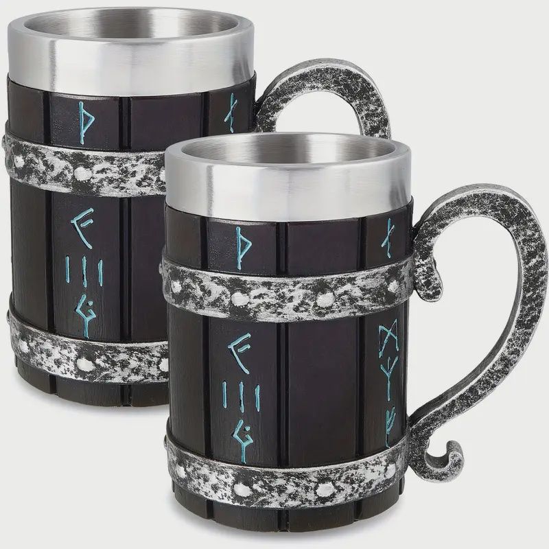 Viking Rune Mug Tankard Stainless Steel Resin set