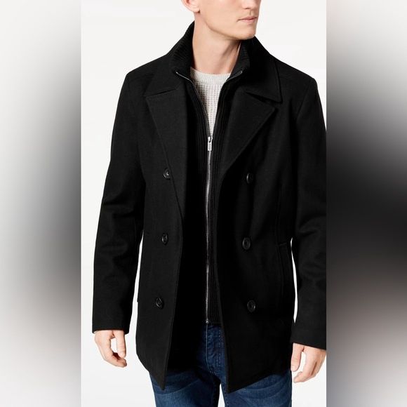 Kenneth Cole Men&#39;s Double-Breasted Black Pea Coat