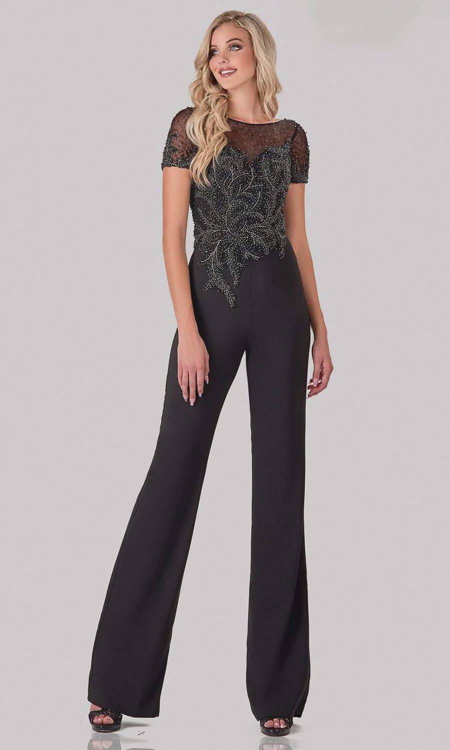 terani couture  beaded bodice short sleeve jumpsuit size 4 black