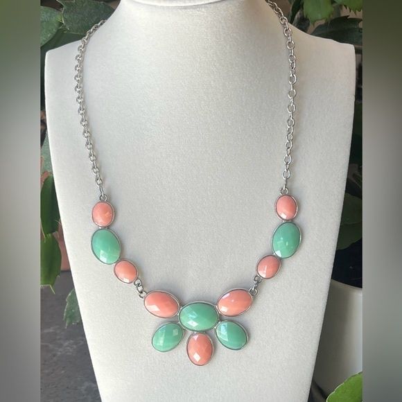 silver necklace  mint and coral stones