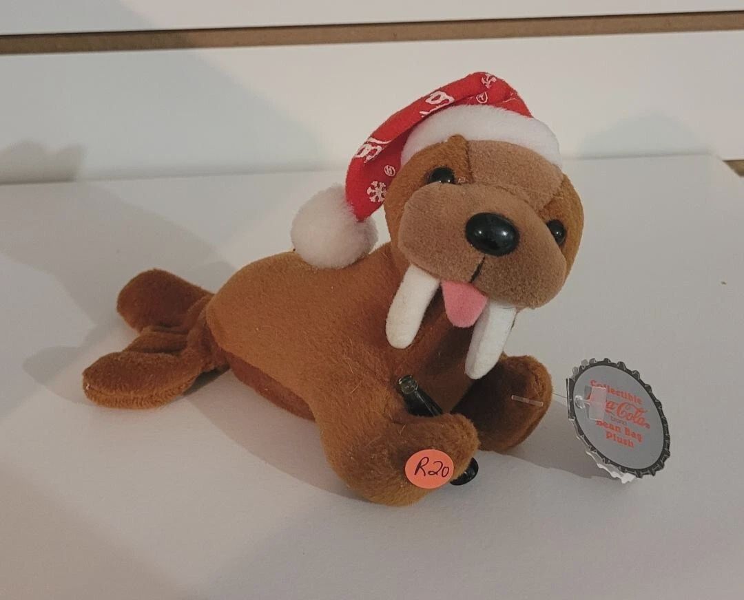 Coca Cola Beanie Baby/Plush, 1998, Walrus w/Snowflake Night Cap