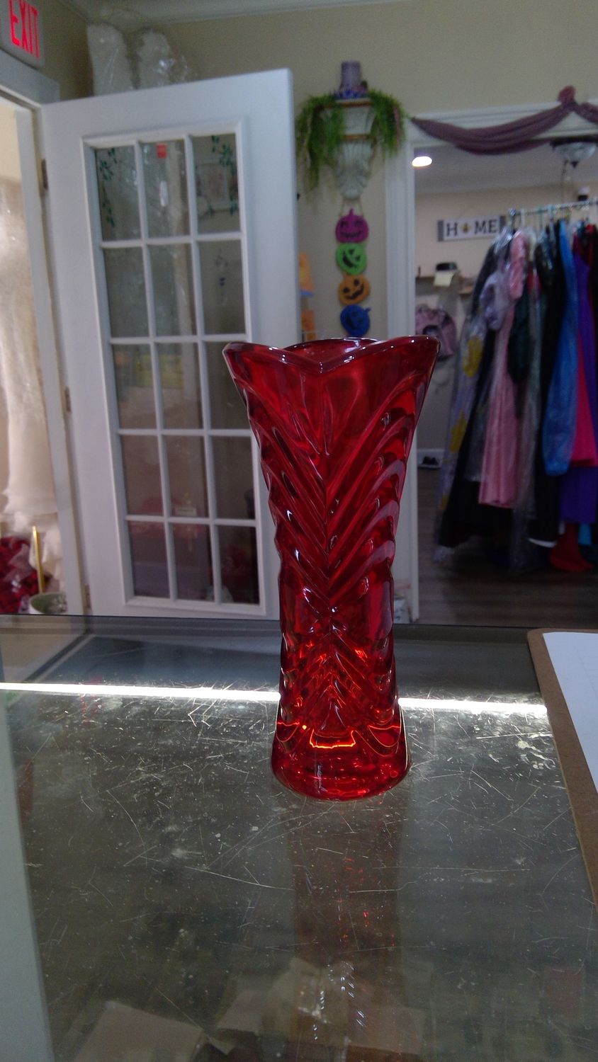 Red Glass Vase With Etching