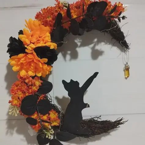 Gothic Cat Moon Wreath With Cat And Yellow Hanging Crystal