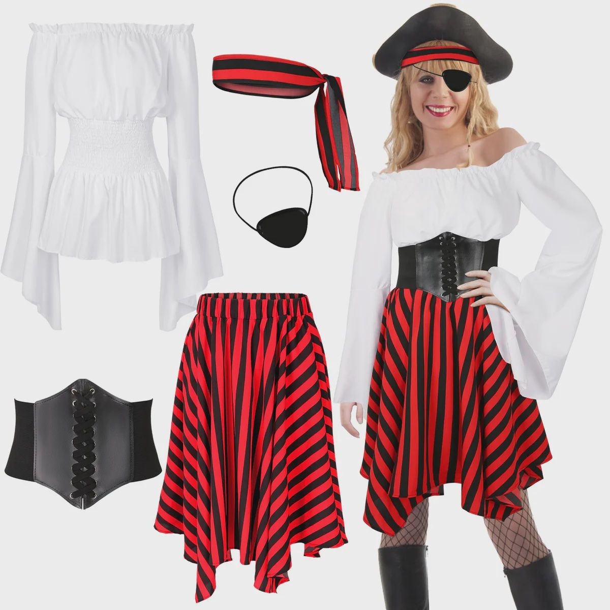 Corsea Womens Pirate Costume Outfit Shirt Skirt And Corset