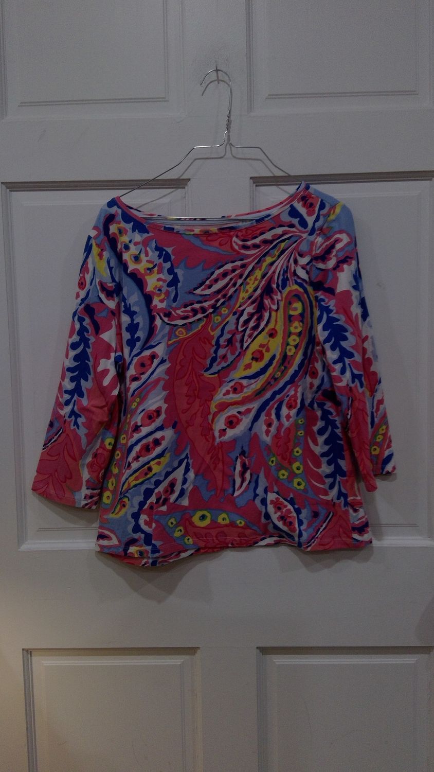 Talbots Tee Womens Pink Blue And Yellow Top 3/4 Inch Sleeves Size l
