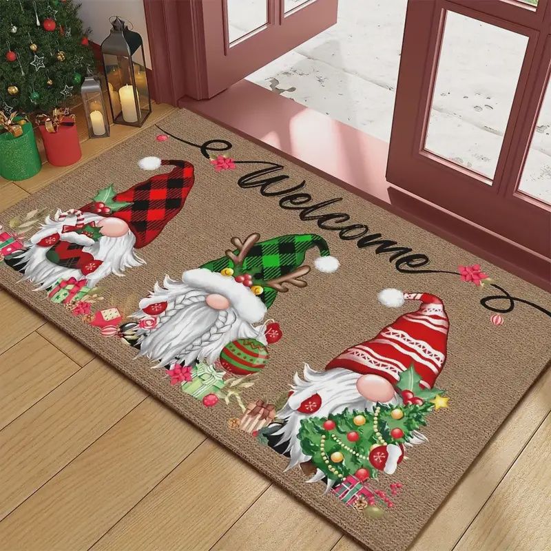 Doormat Holiday Christmas Gnome Welcome Doormat- 6mm Thick, 100% Polyester, with Non-Slip Rubber Backing, Machine Washable, Rectangular Holiday with Three Gnomes with Seasonal Charm, Perfect for Winte