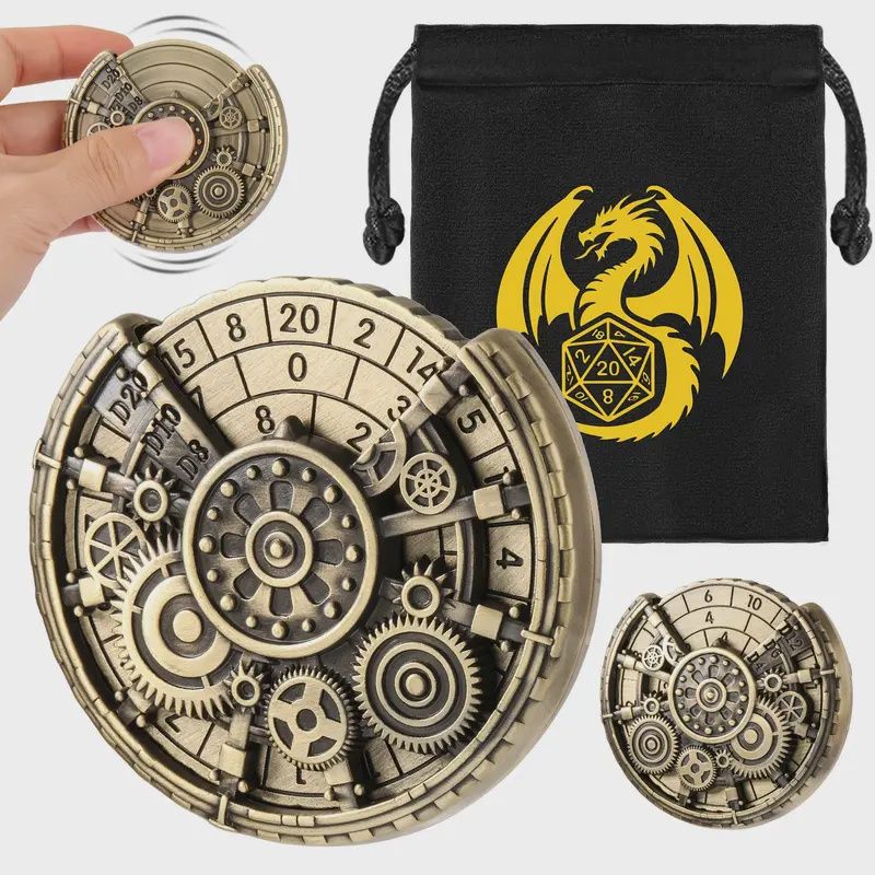 1 Spinning DND Dice Set | Gear Design Steampunk Metal Compass Dice with Dragon Pouch | for DND RPG Tabletop