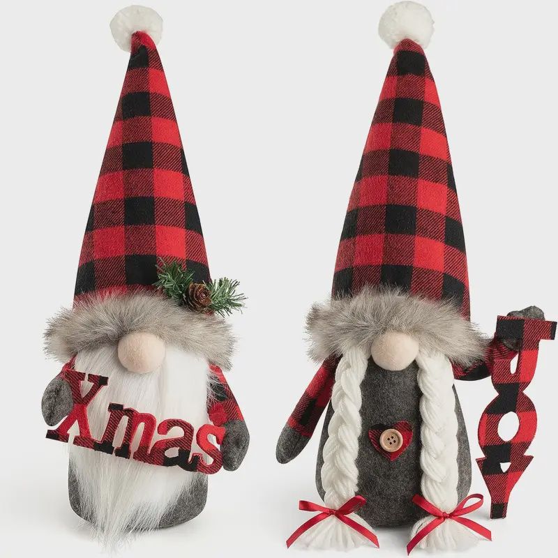 Gnomes - Large 18&quot; Tall Christmas Decorations with Red &amp; Black Plaid Hats,