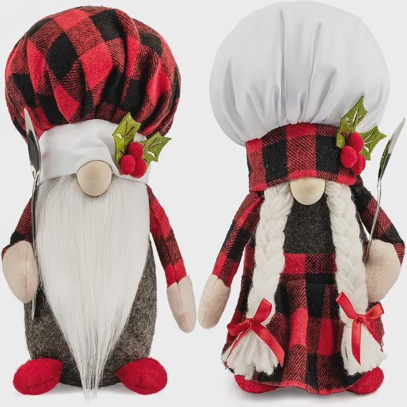Christmas Chef Gnomes - Handcrafted Scandinavian Tomte &amp; Elf Figurines with Red &amp; Black Plaid