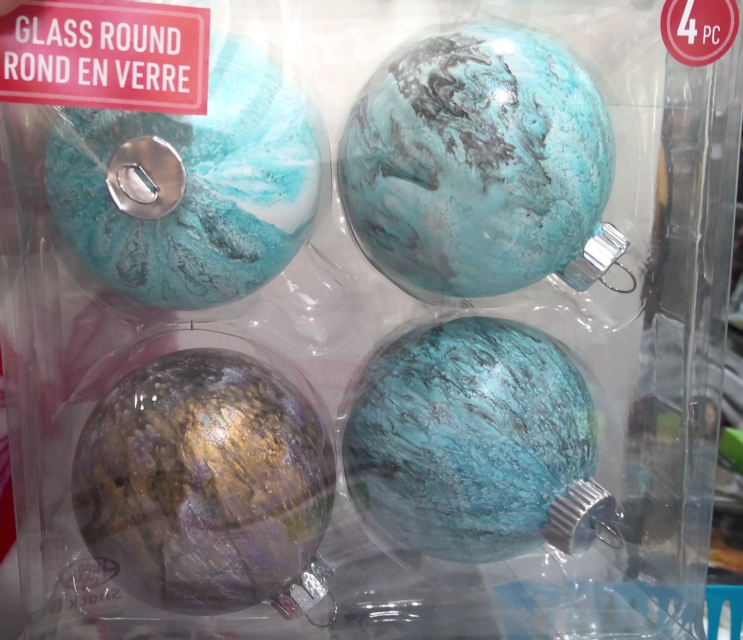 FOUR PACK OF ROUND GLASS ORTAMENTS HANDMADE
