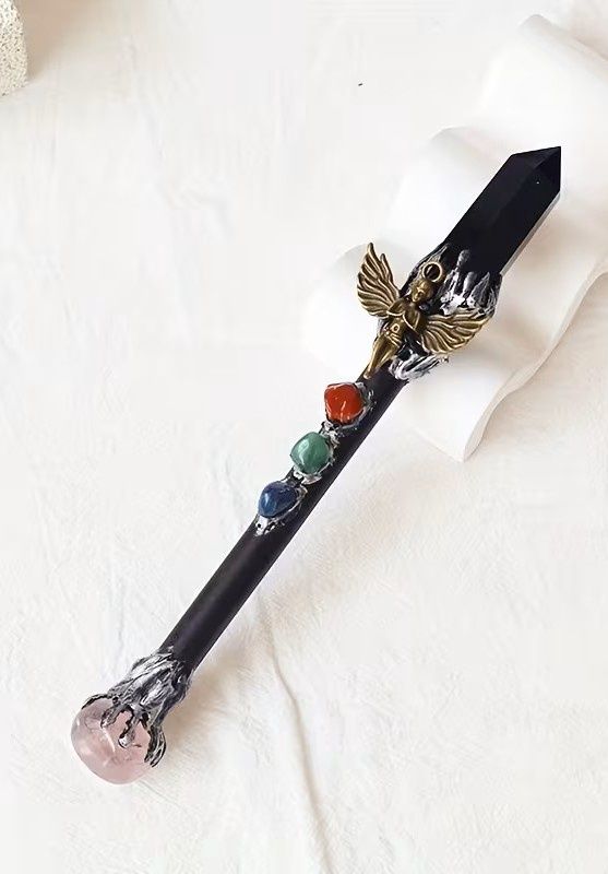 Crystal Crystal Point Wand with Golden Winged Angel &amp; Multi-Color Tips - Mystical Magic