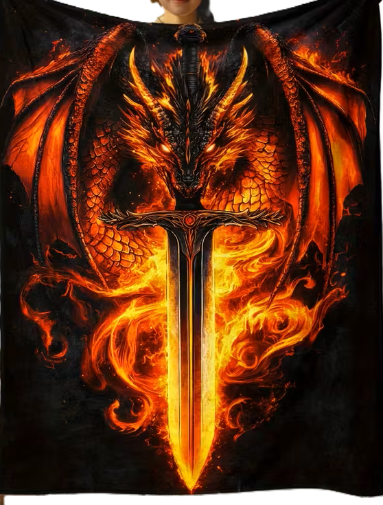Dragon Wings &amp; Sword Print Lightweight Flannel Throw Blanket - Soft, Warm, and Portable for Sofa, Bed, Travel, Camping, Office