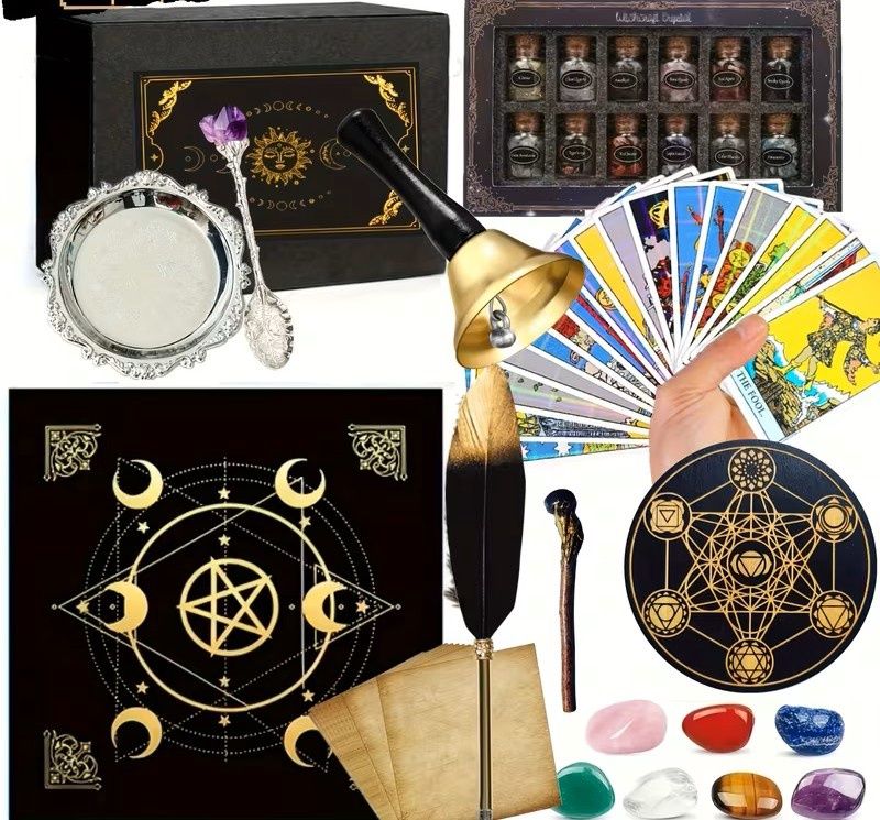 Boho Crystal Witchcraft Starter Kit with Tarot Cards, Crystal Stones &amp; Tools
