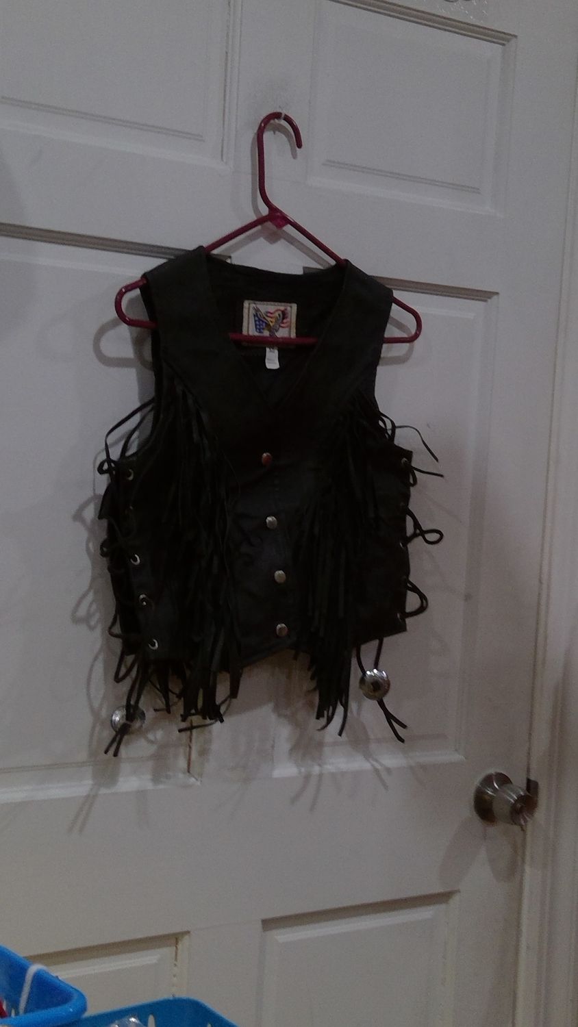 Vintage Leather wear Black Biker Vest with fringes and buckles size xs