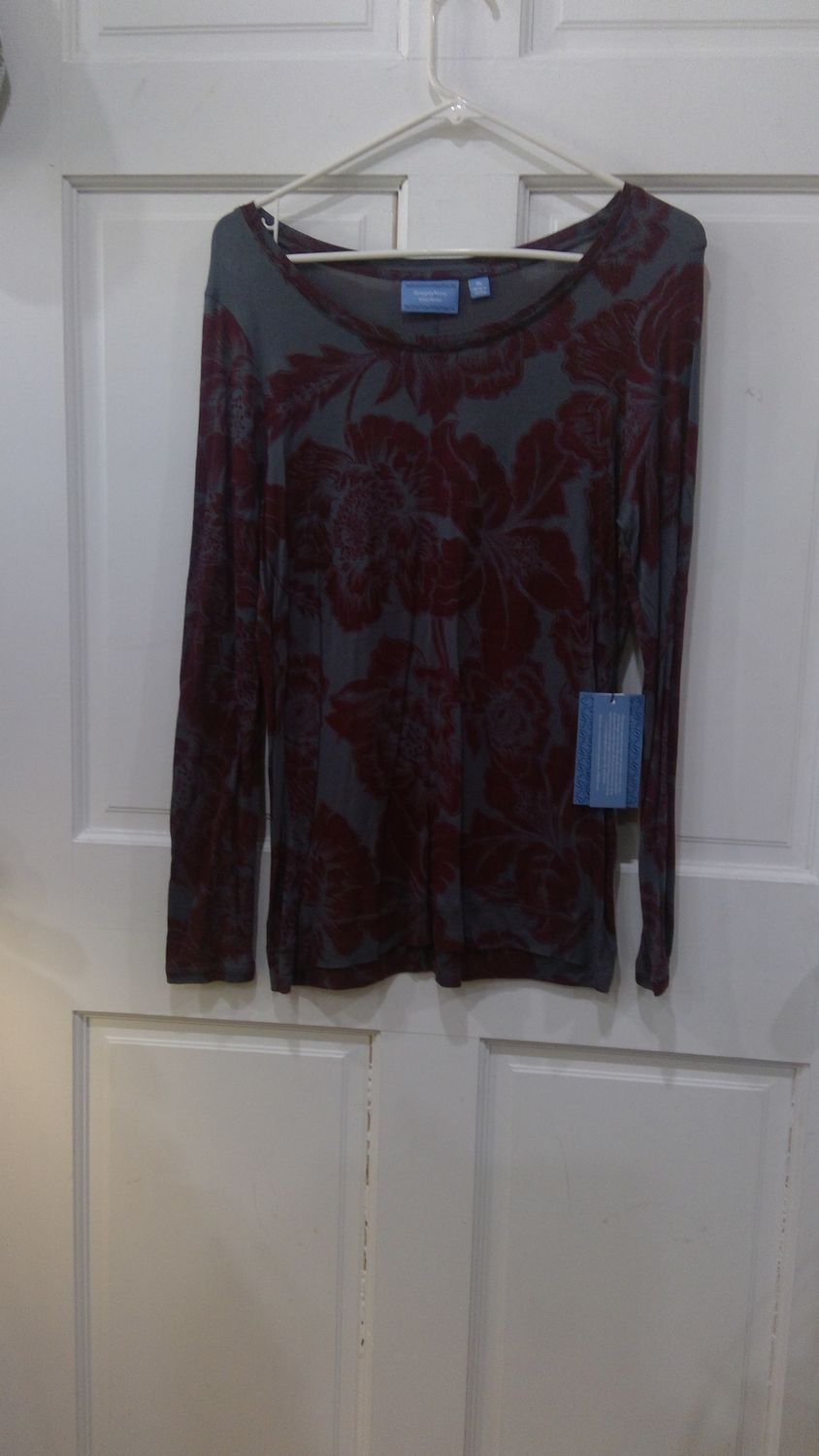 Simple Vera Wang Top Long Sleeve with Flowers Gray Size PL