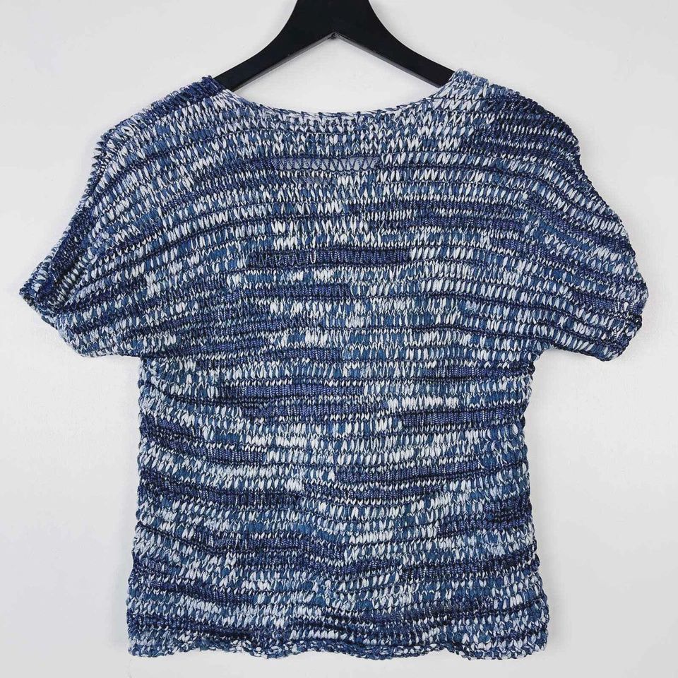 Eileen Fisher PM Cotton Viscose Knit Woven V-Neck Top Blue &amp; Gray