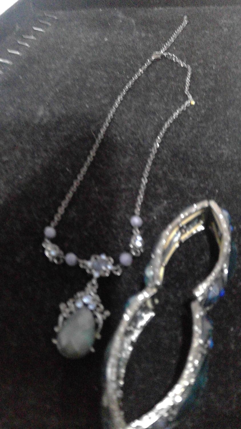 Vintage Style Necklace &amp; Bracelet Deep Blue Aqua colored with clear stones black gun metal