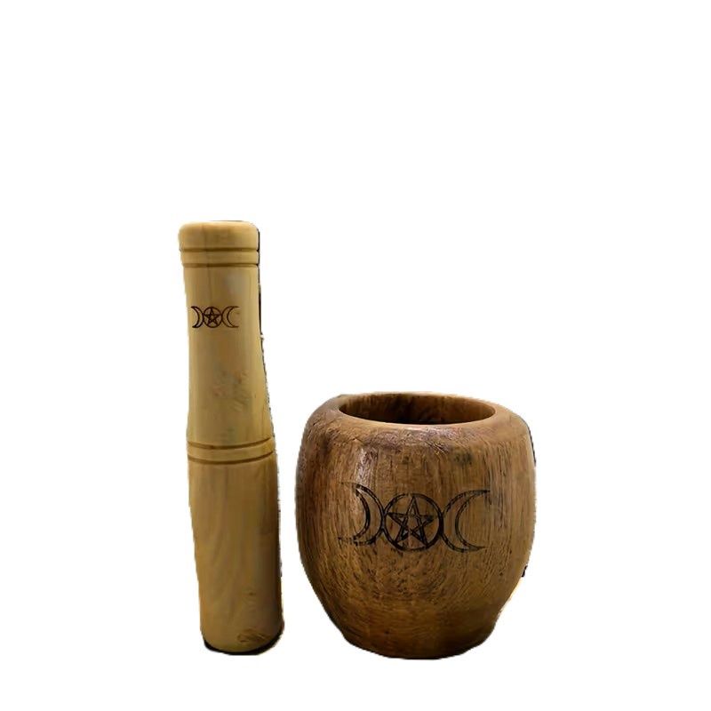 Wooden Mortar and Pestle Set with Pentagram and Triple Moon Design