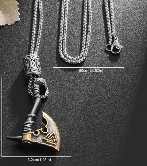 Vintage Nordic Viking Battle Axe Odin Triangle Rune Pendant Necklace Men And Women