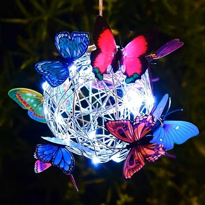Outdoor/ Hanging Light with Wind Chime &amp; Butterfly Ball - Solar Garden Lamp, Dome, Detachable Panel for Tree//Courtyard - Durable Plastic Solar Lantern