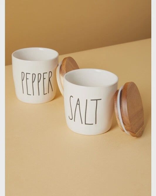 Rar Dunn Salt &amp; Pepper Cellars Wooden Tops White Ceramic Black Lettering