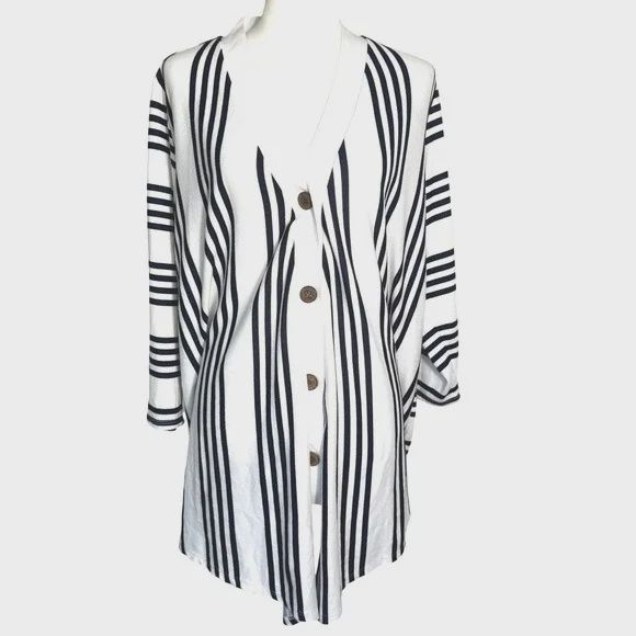 Susan Graver Weekend Light Knit Black White Striped Cardigan Sweater Size XL