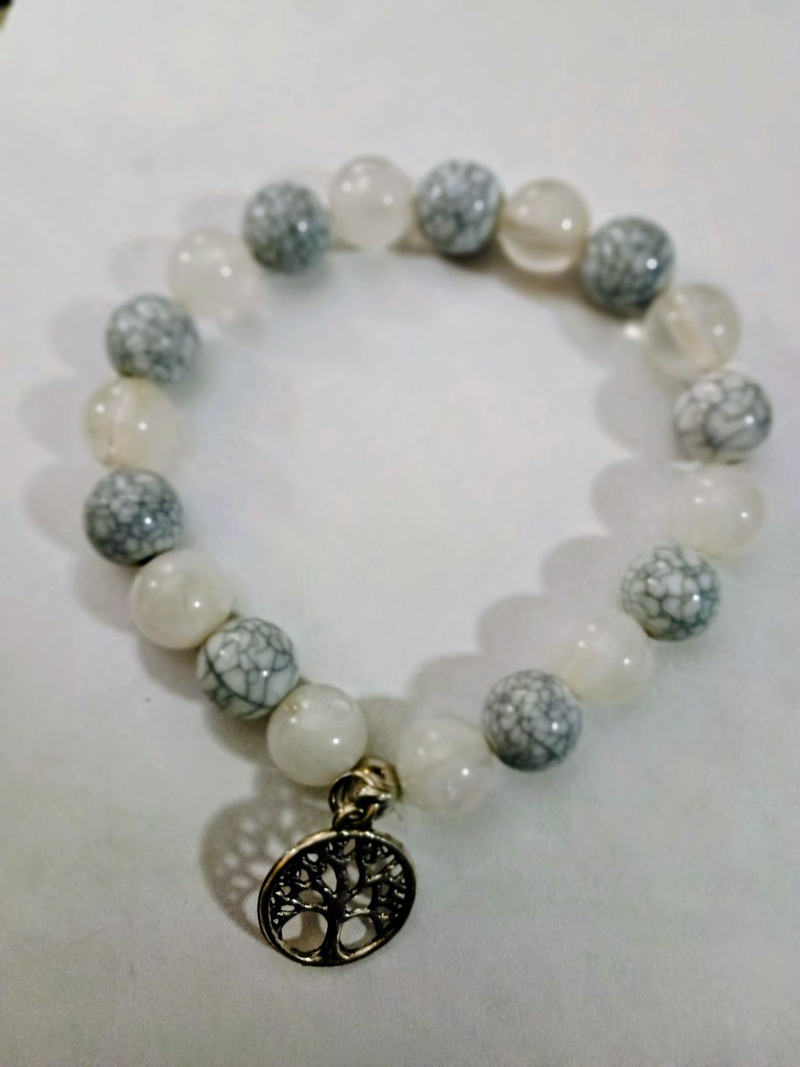 White Howlite and Striped Agate Bracelet with Tree of Life Charm