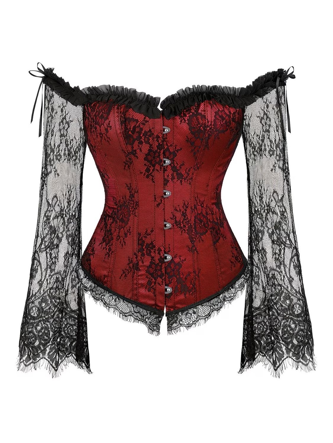 Women'S Vintage Chrimson  Corset Top with Lace Sleeves - Off-the-Shoulder,Size Large