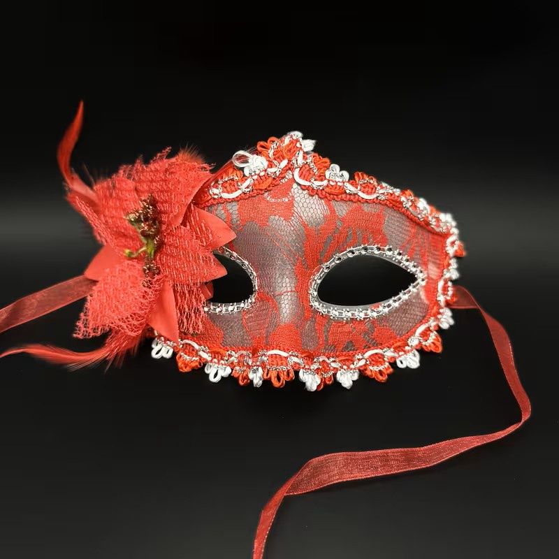 Elegant Lace Masquerade Masks with Floral and Feather, Colour: Red