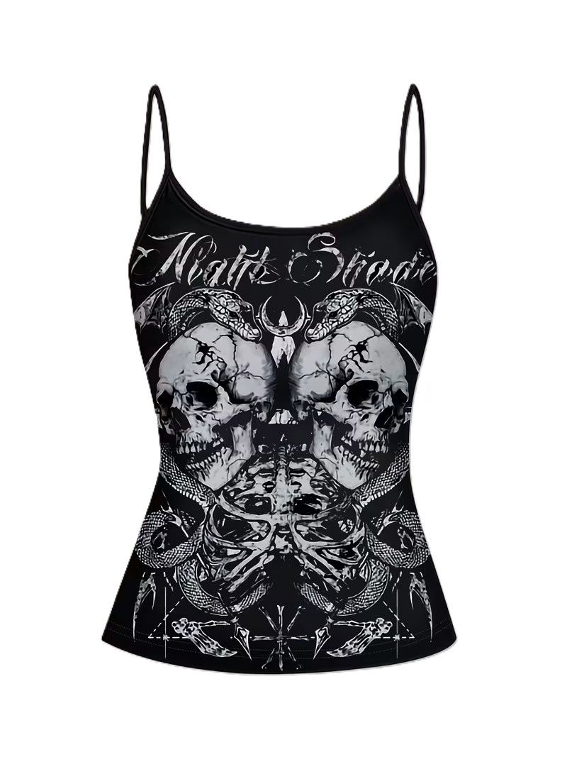 Black and Pink Women's Vintage Floral Print Camisole Set,, Type: Skulls