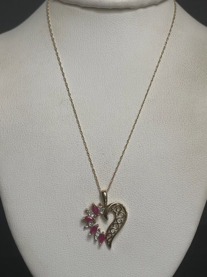 YELLOW GOLD PINK TOPAZ &amp; DIAMOND HEART PENDANT NECKLACE