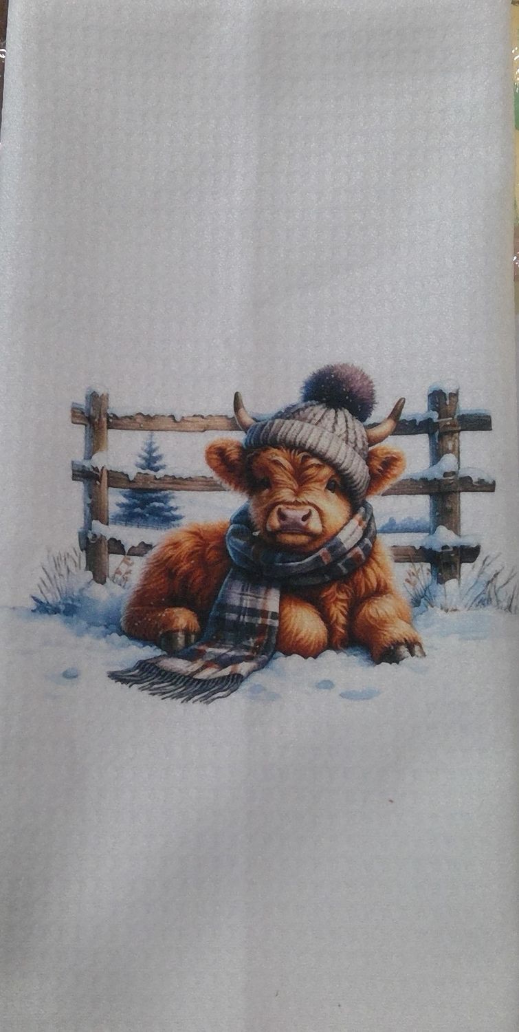 Winter Cow Scene White Hand Towel