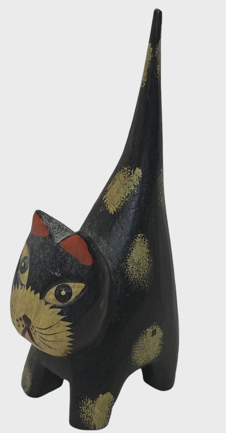 Black &amp; White Spotted Folk Art Cat with long tail - Wooden (Vintage)