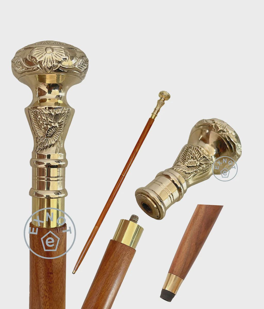 Brass Handle Wooden Walking Stick Telescope Cane
