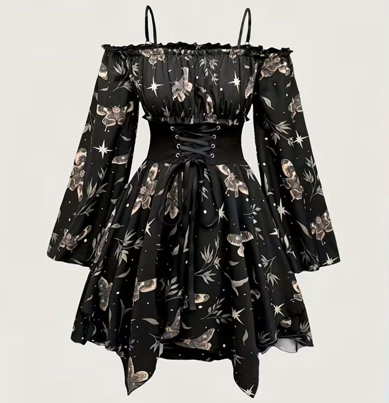 Print Off-Shoulder Ruffle Dress with Asymmetrical Hem - Women's Polyester Bell Sleeve Dress with Floral Pattern, Perfect for Spring/Summer/Fall Events, Waist Tie, Bell Sleeve Print Off-Shoulder Ruffle Dress with Asymmetrical Hem - Women's Polyester Bell Sleeve Dress with Floral Pattern, Perfect for Spring/Summer/Fall Events, Waist Tie, Bell Sleeve