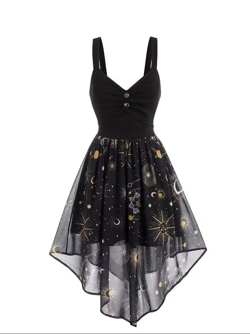 Women's Elegant Vintage Strap Day Moon Star Print Yarn Skirt Patchwork A-Line Dress Women's Elegant Vintage Strap Day Moon Star Print Yarn Skirt Patchwork A-Line Dress