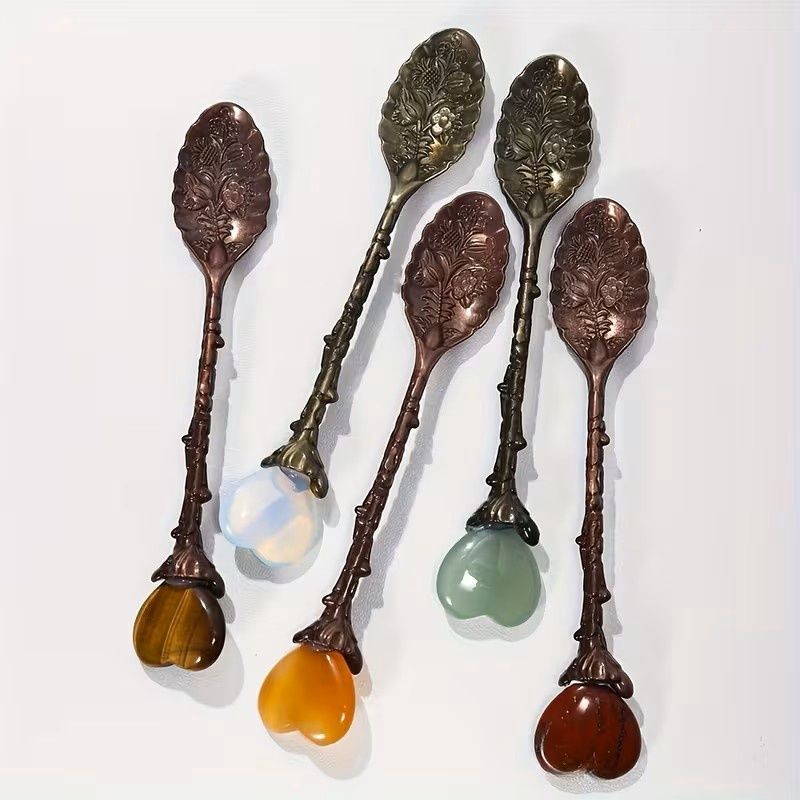 Alter Natural Crystal Handle Spoons with Decorative Leaf Design, Crystal Inlaid