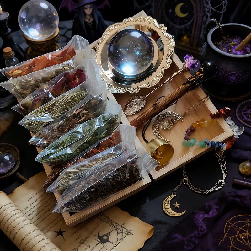Witchcraft Starter Kit Handpicked Natural Crystals, Ritual Bell, Dried B O Tan I C A LS, Retro Engraved Spoon &amp; Wooden Storage Box. Ideal for Gifting During