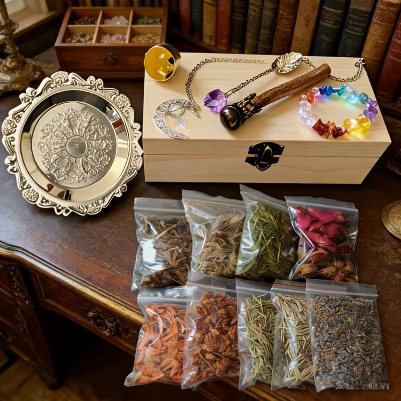 Witchcraft Starter Kit Handpicked Natural Crystals, Ritual Bell, Dried B O Tan I C A LS, Retro Engraved Spoon &amp; Wooden Storage Box. Ideal for Gifting During