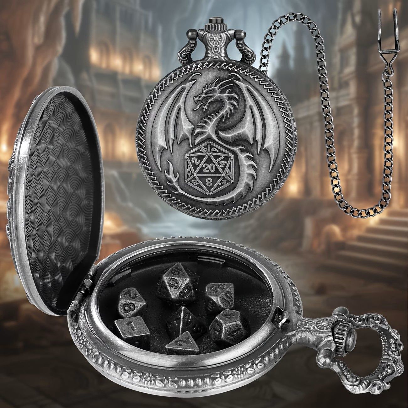 Dragon-Themed Pocket Watch Dice Case with Heavy Chain and 7pcs Dragon-Themed Pocket Watch Dice Case with Heavy Chain and 7pcs