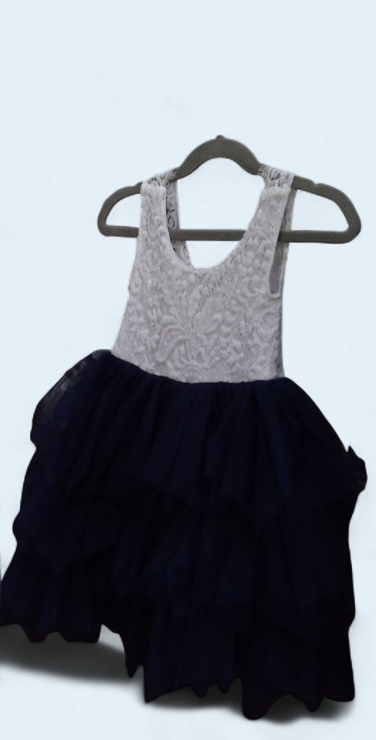 Flower Girl Dress White Lace Bodice Navy TUTU Size S