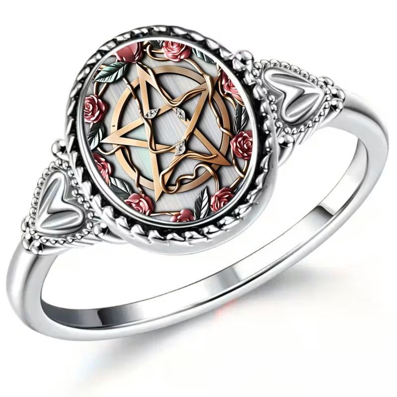 Pentagram Rings Rose Rings Symbolic Rings Mystical Rings Oval Rings Floral Rings Jewelry, Size: 6.5