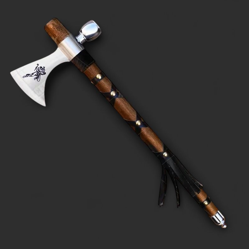 Native American Indian Tomahawk Hatchet w/ Non-Functional Peace Pipe Southwestern Style Replica Axe Display with Stainless Steel Bowl &amp; Wooden Handle