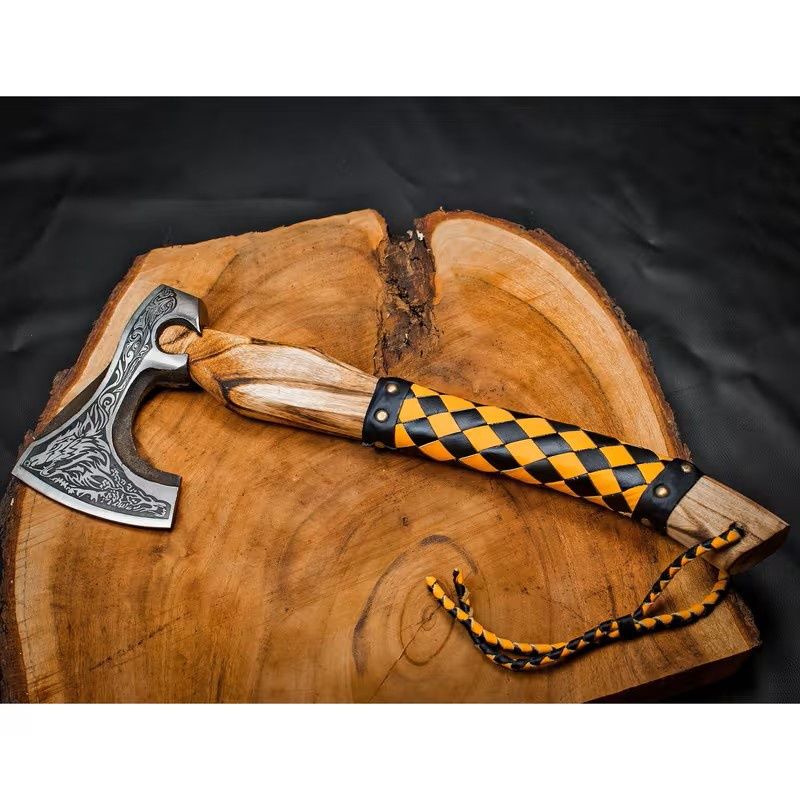 Viking Bearded Camping Axe, Hand Forged Carbon Metal Steel Ax with Ash Wood Handle