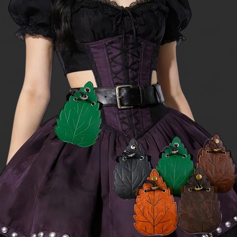 Renaissance-Style Belt Leaf  Pouch Made of, Suitable for Medieval-Themed Events, Viking Cosplay, And LARP, Featuring a Drawstring Closure for And a Phone